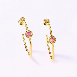 Polished S925 gold-plated hoop earrings featuring a pink halo gemstone and diamond accents