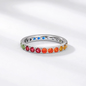 Elegant S925 sterling silver rainbow eternity ring with colorful cubic zirconia stones