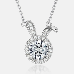 S925 silver rabbit necklace with a sparkling round moissanite pendant and pavé crystals