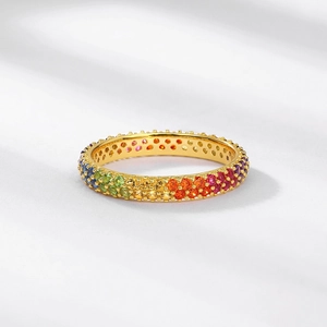 Rainbow gemstone eternity ring in gold plated S925 silver with colorful zircon crystals