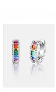Macro view of S925 silver hoop earrings with rainbow gradient rectangle cubic zirconia stones