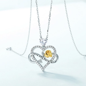 S925 silver heart necklace with infinity gold rose and I love you forever engraving