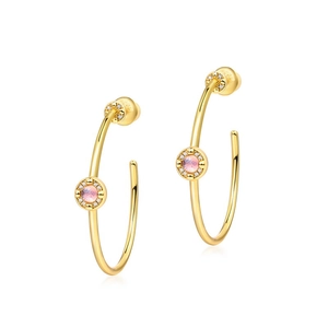 S925 sterling silver gold plated hoop earrings with pink gemstones and white zircons