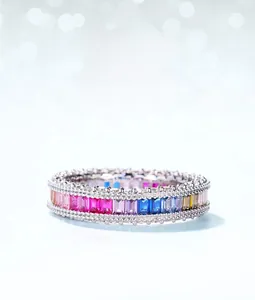 Macro detail of S925 sterling silver ring with colorful rectangular zircon gemstones