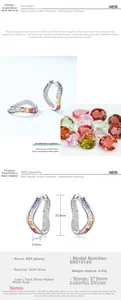 Macro detail of S925 silver earrings with colorful zircon stones measuring 20.8mm by 4.2mm