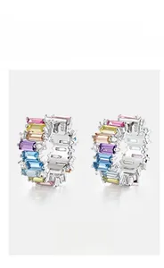 Close-up of S925 sterling silver earrings with colorful rainbow cubic zirconia stones