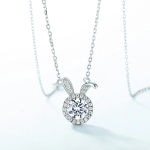 Sparkling S925 sterling silver bunny necklace with round moissanite pendant and pavé detail