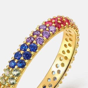 Rainbow gemstone ring in S925 silver with multi-color round cut crystals and gold plating