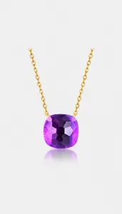 Detail view of purple square cushion cut gemstone candy necklace in gold finish
