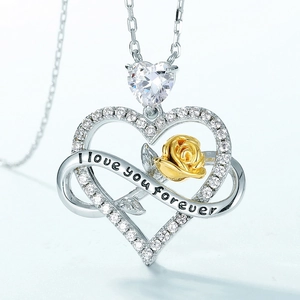 S925 silver heart necklace with rose flower, crystal accents and love forever engraving