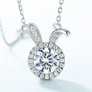 Sparkling S925 sterling silver rabbit necklace with brilliant moissanite and full diamond inlay