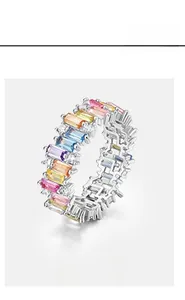 Macro shot of S925 silver ring featuring multi-colored rectangular baguette cubic zirconia