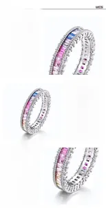 Detailed macro view of S925 sterling silver rainbow ring with colorful zircon stones