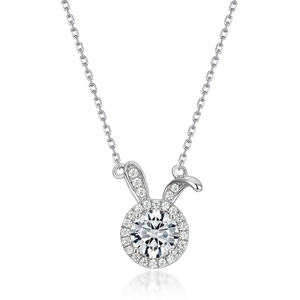 Sparkling S925 silver rabbit pendant necklace with round moissanite and pave diamonds