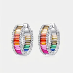 Rainbow Baguette Cubic Zirconia Hoop Earrings With 925 Sterling Silver Earring Post Fashion Jewelry For Women