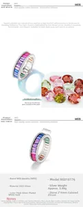 Detail of S925 silver ring with 2x4mm rectangular rainbow gradient cubic zirconia stones