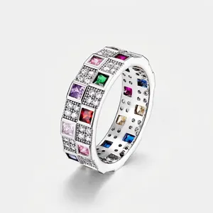 Anello a Scacchiera Arcobaleno in Argento Sterling 925 per Donna Moda Colorata Zirconia a Taglio Quadrato Anello Geometrico Gioielli