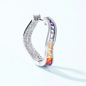 S925 silver wavy hoop earrings with rainbow gradient stones and pavé set cubic zirconia