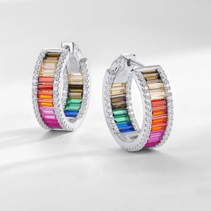 Rainbow hoop earrings in S925 sterling silver with colorful zircon baguette stones