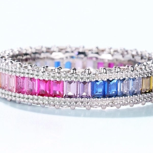 Rainbow eternity ring in 925 sterling silver with multi-colored rectangular zircons