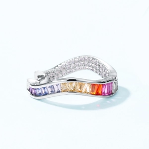 Irregular S925 silver wave hoop earrings with rainbow gradient crystals and zircons