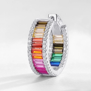Elegant S925 sterling silver rainbow hoop earrings featuring colorful baguette cut zircons