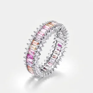 Bague Éternité en Argent Sterling 925 avec Zirconia Arc-en-ciel pour Femme Minimaliste Monorangue Pierre Précieuse Colorée Bijoux de Mode Cadeau
