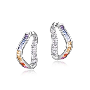 Irregular curve earrings in S925 silver with rainbow gradient zircon and micro-pave crystals