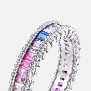 Rainbow eternity ring with colorful baguette-cut stones and silver plated finish