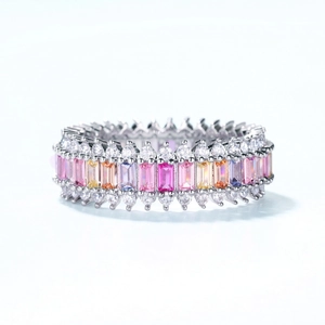 Bague en argent S925 avec zircons arc-en-ciel et triple rangée de gemmes multicolores serties