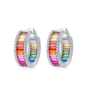 Rainbow hoop earrings in S925 silver with multicolor zircon stones and side micro-pave