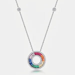 925 Sterlingsilber Regenbogen Kreis Anhänger Halskette Für Damen Bunte Zirkonia Eingelegte Geometrische Kette Mode Schmuck