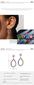S925 silver rainbow teardrop earrings with multi-color cubic zirconia and dimensions detail