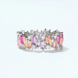 Elegant S925 silver eternity ring with colorful rectangular cubic zirconia stones