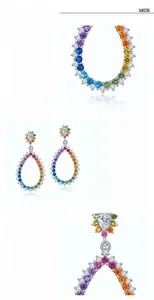 Detailed close-up of S925 silver long earrings with multi-colored cubic zirconia stones