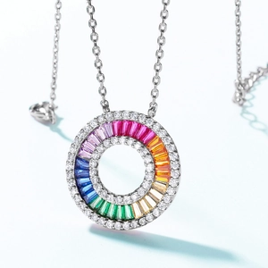 Regenbogen-Rundanhänger-Halskette mit bunten Edelsteinen in S925 Sterling Silber