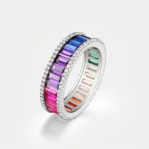 S925 Sterling Silver Rainbow Zirconia Ring For Women Baguette Cut Colorful Gemstone Pave Band Ring Personalized Jewelry