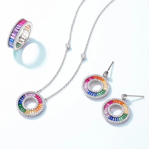 Regenbogen Edelstein Schmuckset mit Halskette, Ring und Ohrringen aus S925 Sterlingsilber