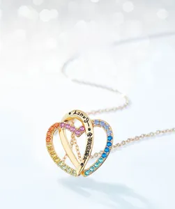 Detailed macro view of S925 silver heart pendant with rainbow gradient zircon setting