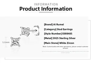 Detailed view of square cut white zircon stud earrings in S925 sterling silver, 5.11mm size