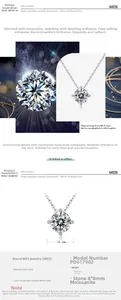 Macro detail of S925 sterling silver moissanite pendant necklace with size specifications