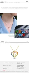 Macro detail of S925 sterling silver heart necklace with multi-color cubic zirconia
