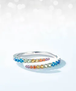 Detailed view of S925 silver open ring with colorful rainbow cubic zirconia inlays