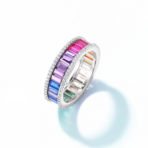 Elegant S925 silver rainbow zircon ring with multicolor baguette stones and side diamonds