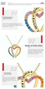 Detail of S925 silver heart necklace with gradient colorful stones and forever engraving