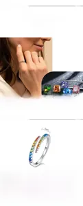 Macro detail of S925 sterling silver adjustable ring with colorful zircon stones