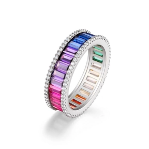 Rainbow cubic zirconia eternity ring with side row micro diamonds in silver plating