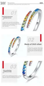 Macro detail of S925 sterling silver ring with colorful rainbow zirconia micro-paving