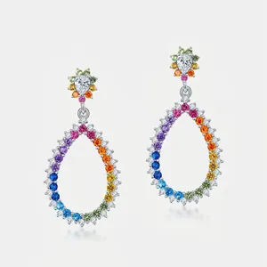 Fashion 925 Sterling Silver Rainbow Zirconia Waterdrop Earrings Gradient Multicolor Cubic Zirconia Drop Earrings For Women