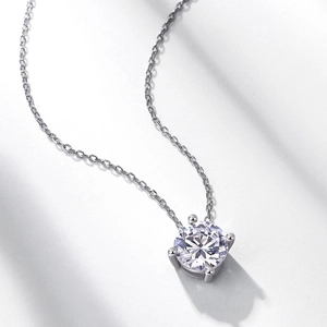 Classic S925 sterling silver necklace with a brilliant round moissanite in a four-prong setting